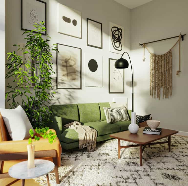 Cozy living room featuring a green sofa, abstract wall art, and stylish decor elements.