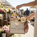 A lush flower market with a Nurtured Collective tote bag in focus.