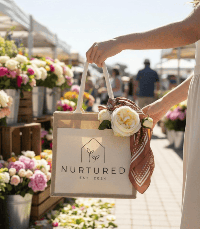 A lush flower market with a Nurtured Collective tote bag in focus.