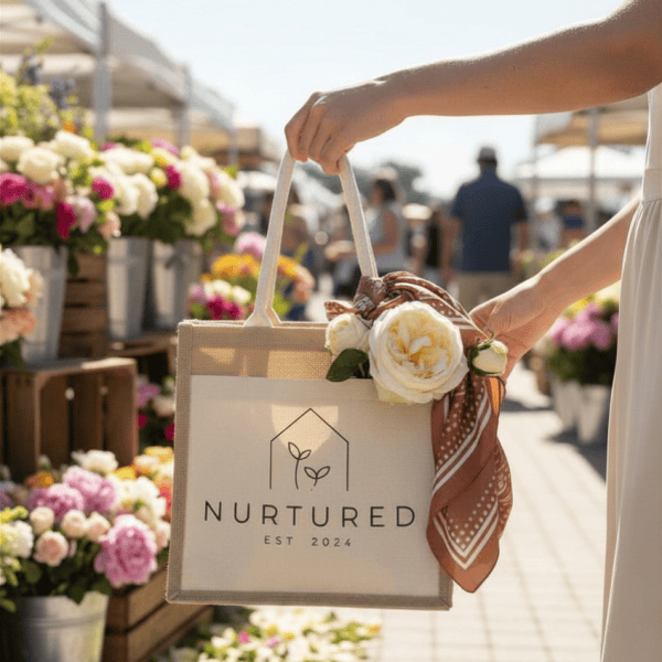 A lush flower market with a Nurtured Collective tote bag in focus.