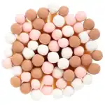 Pink, white, and brown round candies arranged in a circular pattern on a white background.