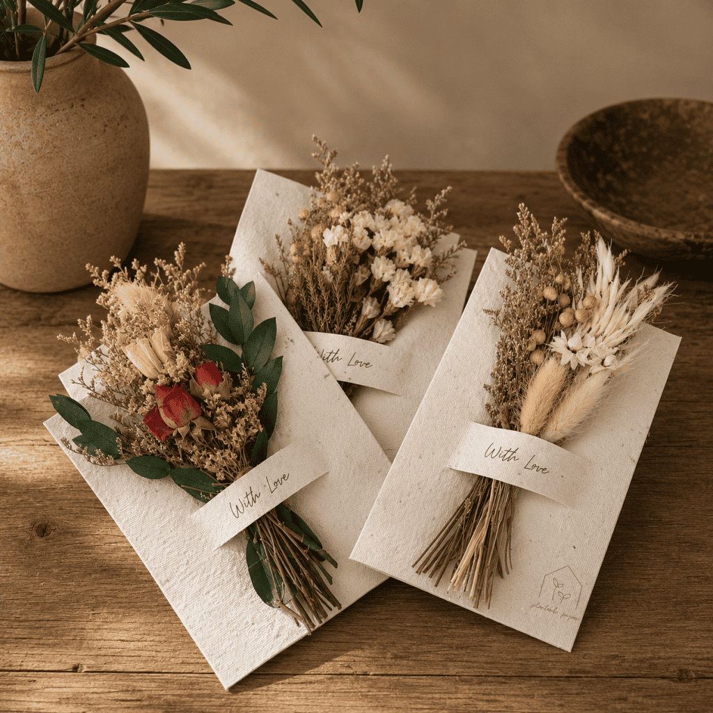 Handcrafted plantable greeting cards made from seed paper infused with Native American wildflower seeds and finished with dried floral bouquets, styled on a rustic wooden table with warm natural décor.