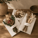 Handcrafted plantable greeting cards made from seed paper infused with Native American wildflower seeds and finished with dried floral bouquets, styled on a rustic wooden table with warm natural décor.