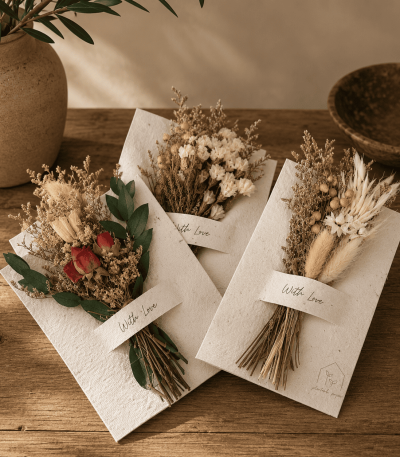 Handcrafted plantable greeting cards made from seed paper infused with Native American wildflower seeds and finished with dried floral bouquets, styled on a rustic wooden table with warm natural décor.