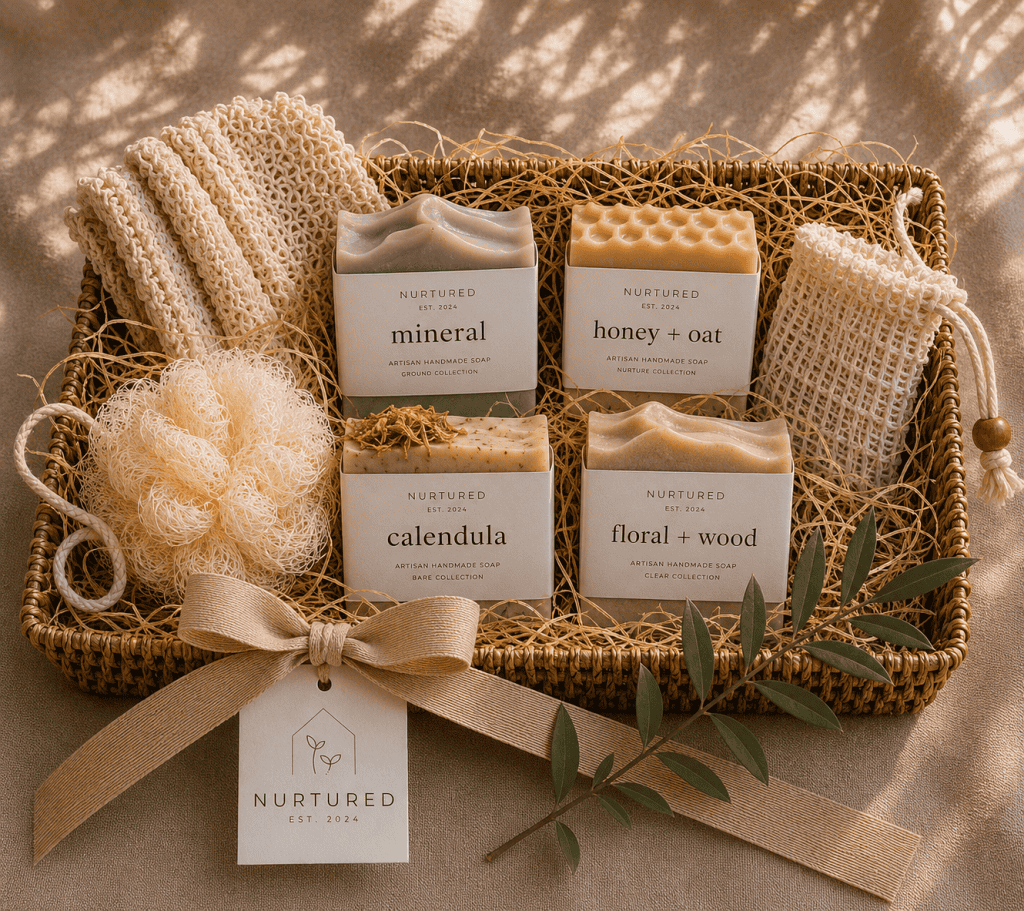 Nurtured Complete Bath Gift Set displayed in a woven seagrass basket with four artisan handmade soaps, a natural loofah sponge, exfoliating body glove, soap saver pouch, ribbon bow, and signature Nurtured gift tag in a warm neutral spa-inspired setting.