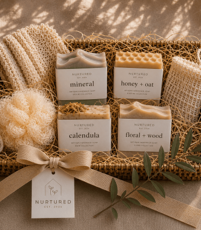 Nurtured Complete Bath Gift Set displayed in a woven seagrass basket with four artisan handmade soaps, a natural loofah sponge, exfoliating body glove, soap saver pouch, ribbon bow, and signature Nurtured gift tag in a warm neutral spa-inspired setting.