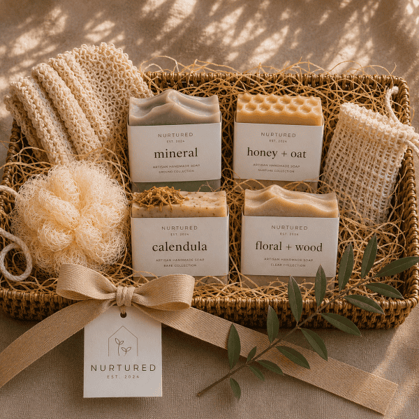 Nurtured Complete Bath Gift Set displayed in a woven seagrass basket with four artisan handmade soaps, a natural loofah sponge, exfoliating body glove, soap saver pouch, ribbon bow, and signature Nurtured gift tag in a warm neutral spa-inspired setting.