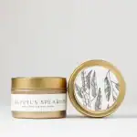 Eucalyptus Spearmint soy wax candle in a sleek white and gold tin, perfect for home ambiance and rel.