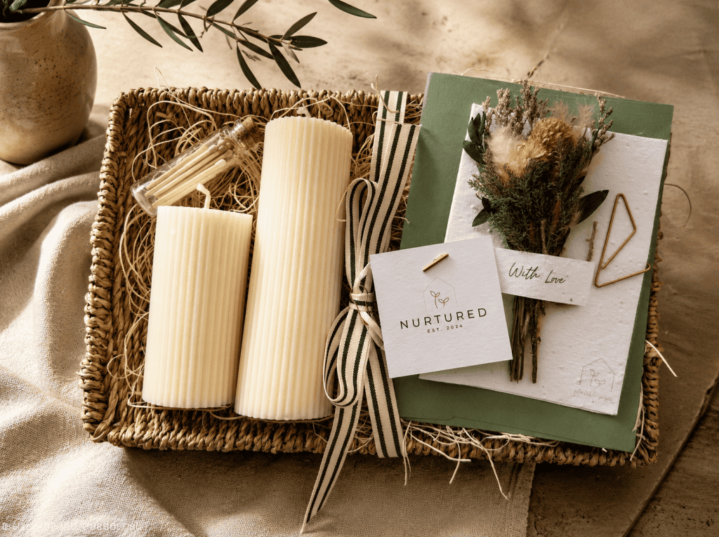 Luxury candle gift bundle featuring hand-poured ribbed soy wax pillar candles, a woven seagrass decorative tray, and a plantable wildflower greeting card styled for cozy home décor and elevated gifting.