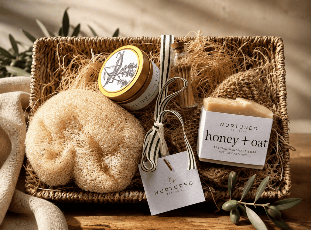 Luxury self-care gift bundle featuring a lavender vanilla soy candle, honey oat artisan soap bar, natural loofah sponge, jute soap saver pouch, decorative glass match vial, and woven seagrass tray styled for calming home rituals and elevated gifting.