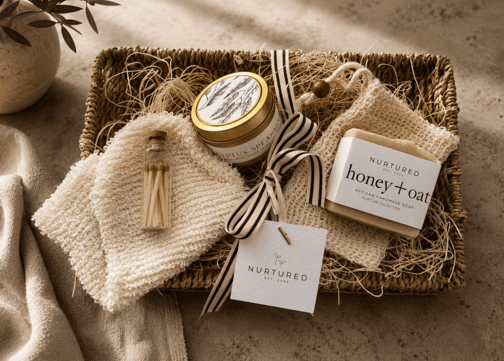 Luxury self-care gift bundle featuring a seagrass woven tray, eucalyptus spearmint soy candle, artisan honey oat soap bar, sisal exfoliating spa mitt, natural soap saver pouch, and decorative glass matchstick vial styled for elevated home gifting and relaxation rituals.
