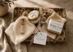 Luxury self-care gift bundle featuring a seagrass woven tray, eucalyptus spearmint soy candle, artisan honey oat soap bar, sisal exfoliating spa mitt, natural soap saver pouch, and decorative glass matchstick vial styled for elevated home gifting and relaxation rituals.