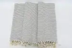 A clean, woven textile with a striped pattern and fringed edges, suitable for home decor or textile.