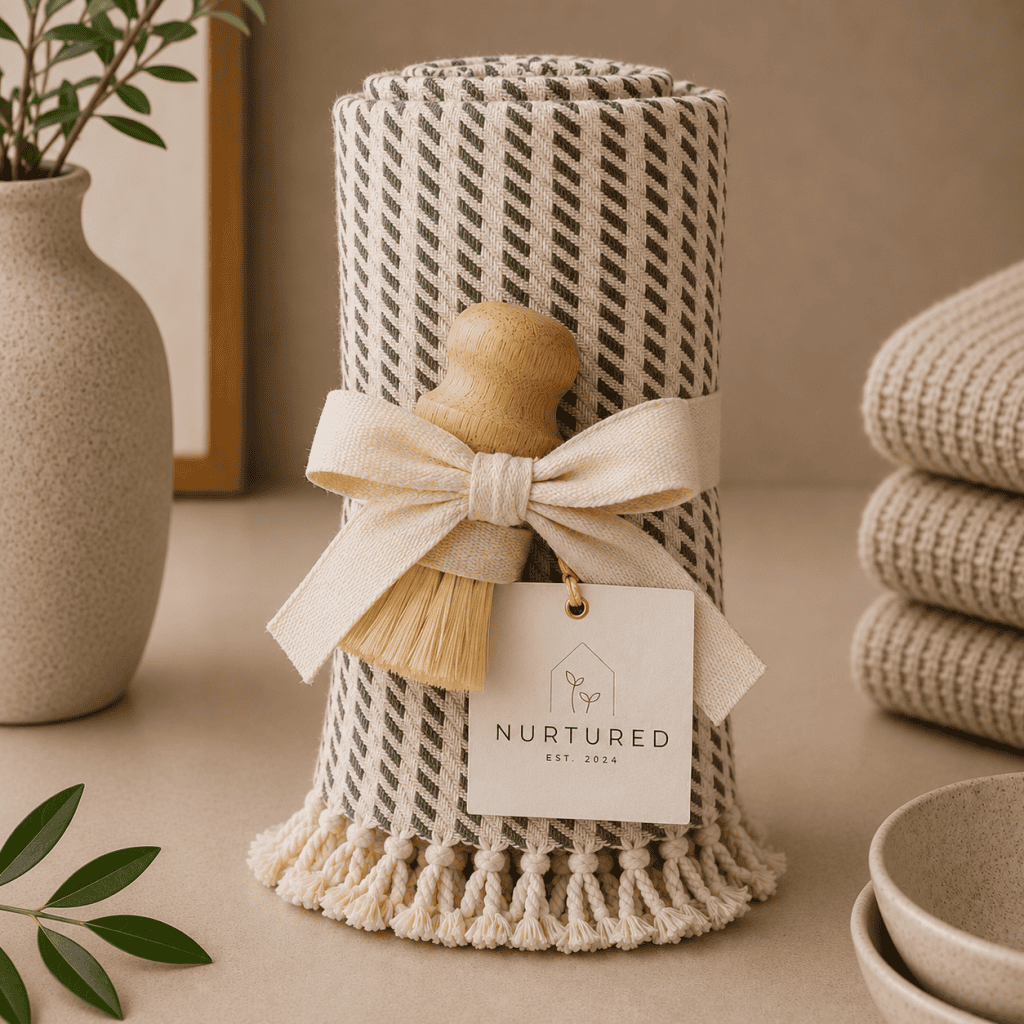 Luxury kitchen cleaning gift set featuring a rolled organic Turkish towel, natural wooden sisal scrub brush, cream ribbon bow, and Nurtured branded gift tag styled in a warm neutral kitchen setting.