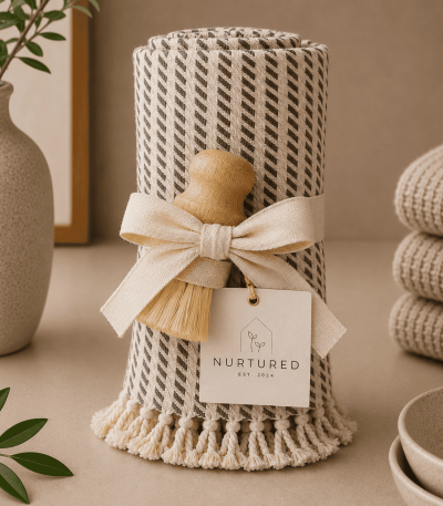 Luxury kitchen cleaning gift set featuring a rolled organic Turkish towel, natural wooden sisal scrub brush, cream ribbon bow, and Nurtured branded gift tag styled in a warm neutral kitchen setting.