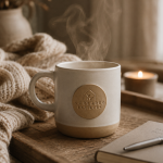 Nurtured Signature Morning Mug in Linen ceramic with raised 3D logo detail beside a cozy knit blanket and candle in a warm neutral home setting.