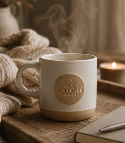 Nurtured Signature Morning Mug in Linen ceramic with raised 3D logo detail beside a cozy knit blanket and candle in a warm neutral home setting.