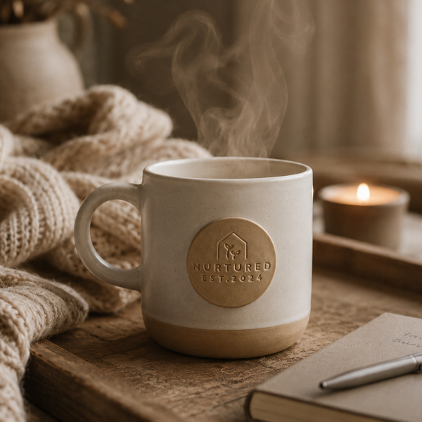 Nurtured Signature Morning Mug in Linen ceramic with raised 3D logo detail beside a cozy knit blanket and candle in a warm neutral home setting.