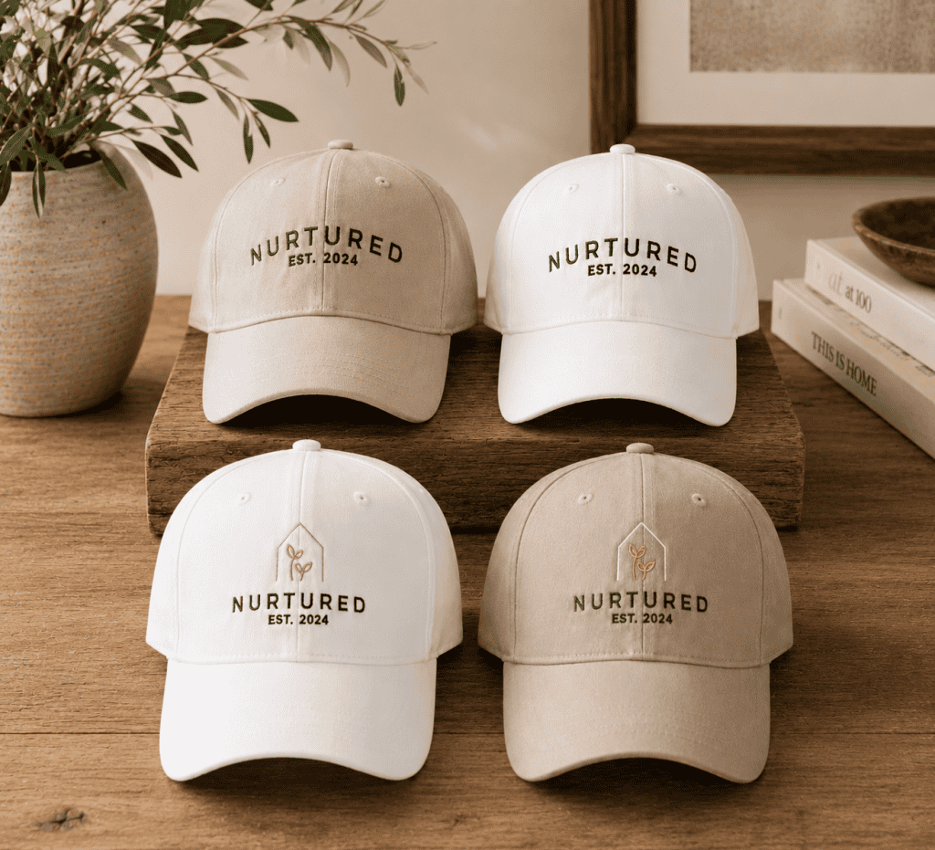 Neutral-toned Nurtured twill baseball hats in white and beige with embroidered logo details, styled on a rustic wooden table with warm natural lighting and modern Pottery Barn-inspired décor.