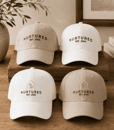 Neutral-toned Nurtured twill baseball hats in white and beige with embroidered logo details, styled on a rustic wooden table with warm natural lighting and modern Pottery Barn-inspired décor.