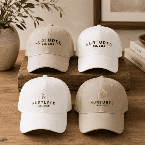 Neutral-toned Nurtured twill baseball hats in white and beige with embroidered logo details, styled on a rustic wooden table with warm natural lighting and modern Pottery Barn-inspired décor.