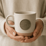 Nurtured Collective ceramic mug with logo, eco-friendly branding, and neutral tones.