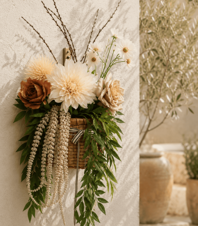 Premium silk floral hanging basket with cascading greenery and oversized neutral blooms displayed in a warm sunlit interior with modern rustic décor.
