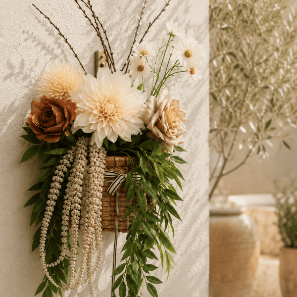 Premium silk floral hanging basket with cascading greenery and oversized neutral blooms displayed in a warm sunlit interior with modern rustic décor.