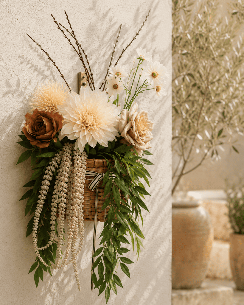 Premium silk floral hanging basket with cascading greenery and oversized neutral blooms displayed in a warm sunlit interior with modern rustic décor.