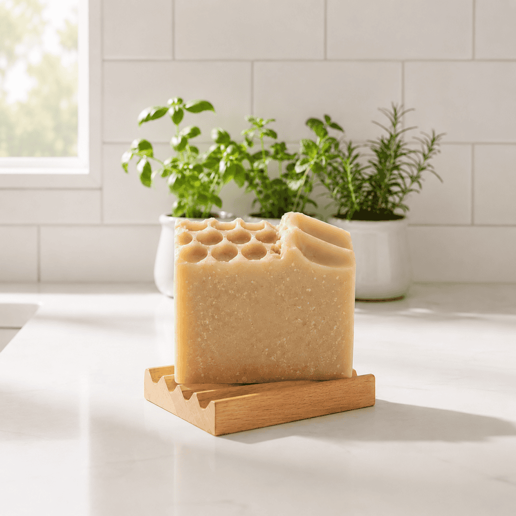 Hand Crafter Alder Wood Soap Dish displayed with Nurtured honey and oat artisan soap bar