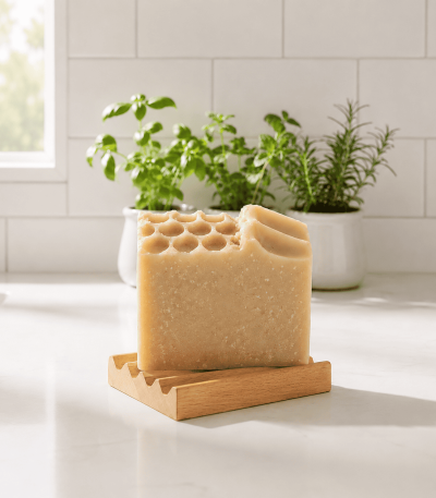 Hand Crafter Alder Wood Soap Dish displayed with Nurtured honey and oat artisan soap bar