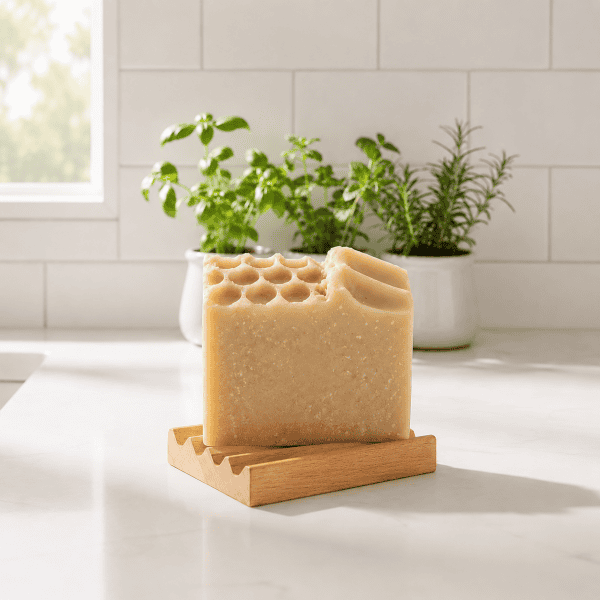 Hand Crafter Alder Wood Soap Dish displayed with Nurtured honey and oat artisan soap bar