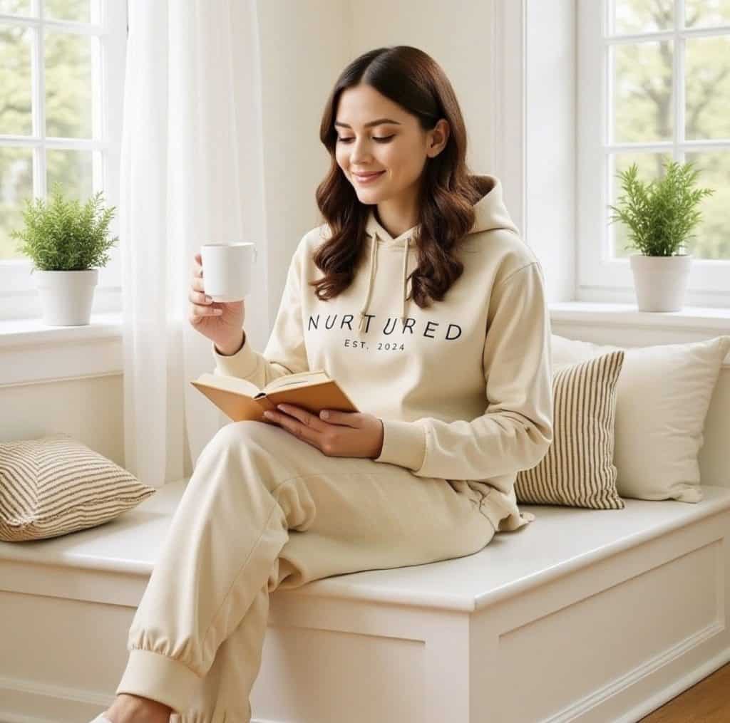 Relaxed woman in beige loungewear reading a book and holding a mug, sitting on a window seat with na.