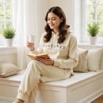 Relaxed woman in beige loungewear reading a book and holding a mug, sitting on a window seat with na.
