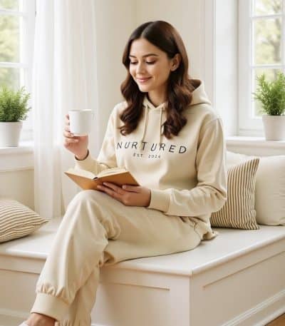 Relaxed woman in beige loungewear reading a book and holding a mug, sitting on a window seat with na.