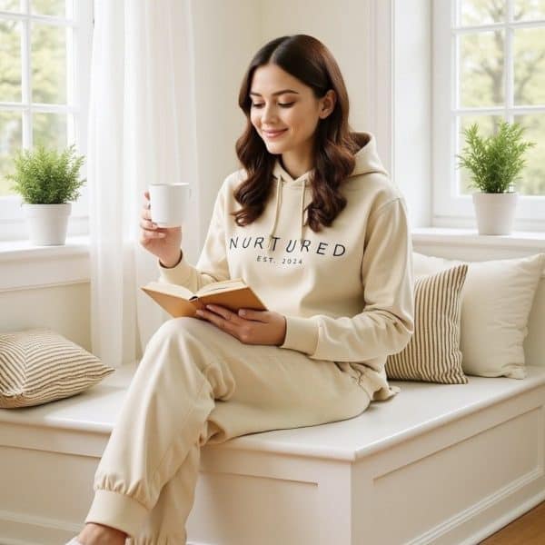 Relaxed woman in beige loungewear reading a book and holding a mug, sitting on a window seat with na.