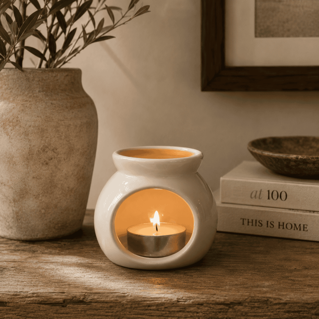 White ceramic petite wax melter with glowing tealight candle styled on a rustic wooden surface with warm neutral décor and soft ambient lighting.