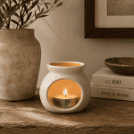 White ceramic petite wax melter with glowing tealight candle styled on a rustic wooden surface with warm neutral décor and soft ambient lighting.