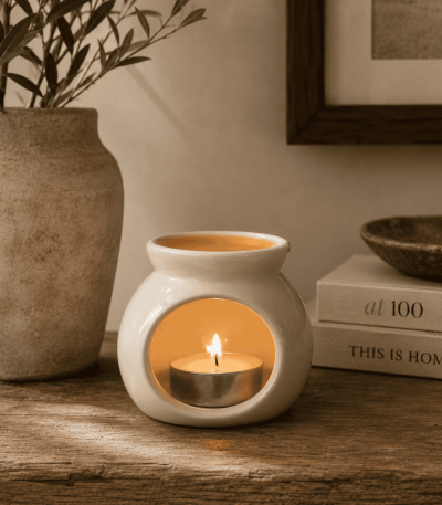 White ceramic petite wax melter with glowing tealight candle styled on a rustic wooden surface with warm neutral décor and soft ambient lighting.
