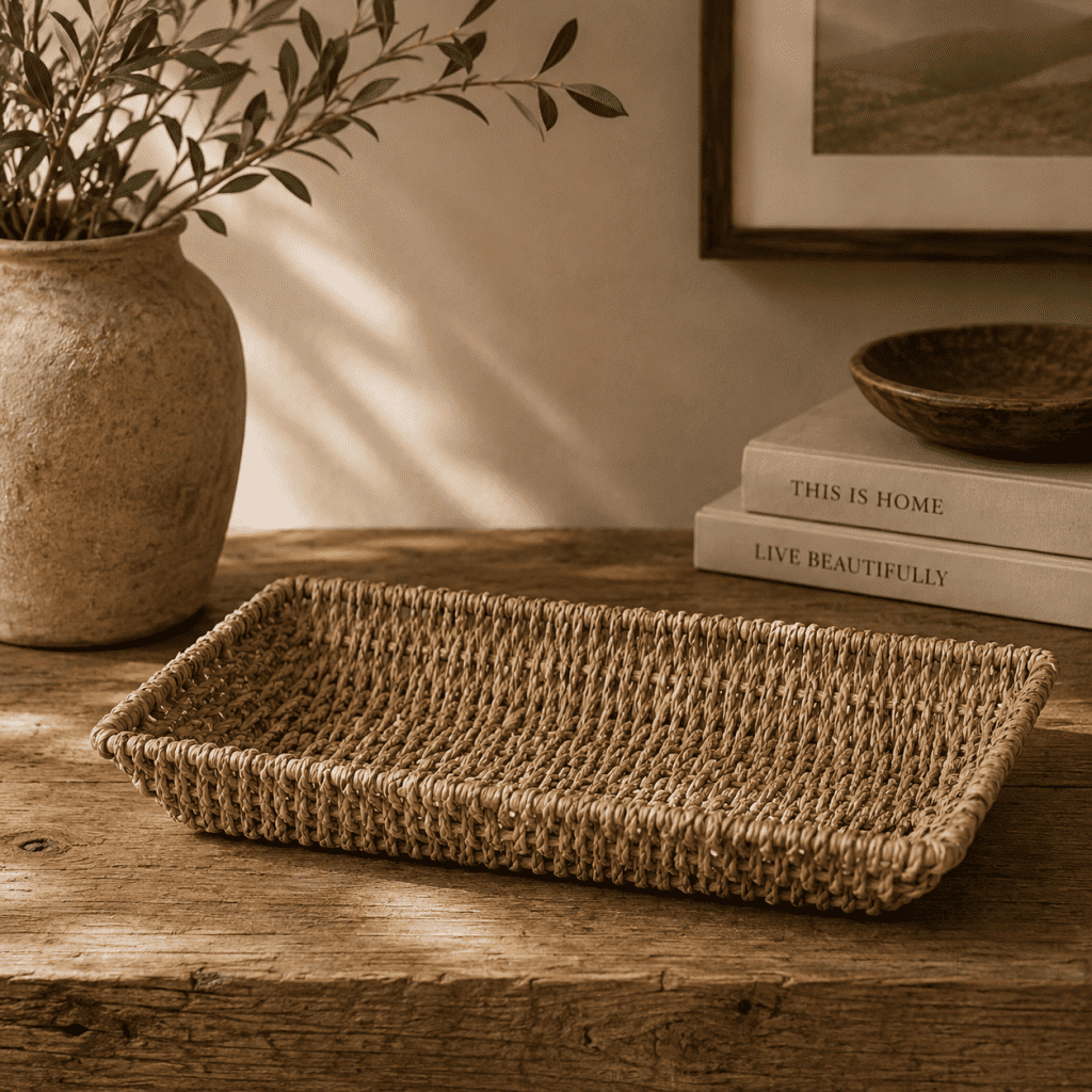 Handwoven natural wicker tray for home decor and organization.