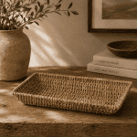Handwoven natural wicker tray for home decor and organization.