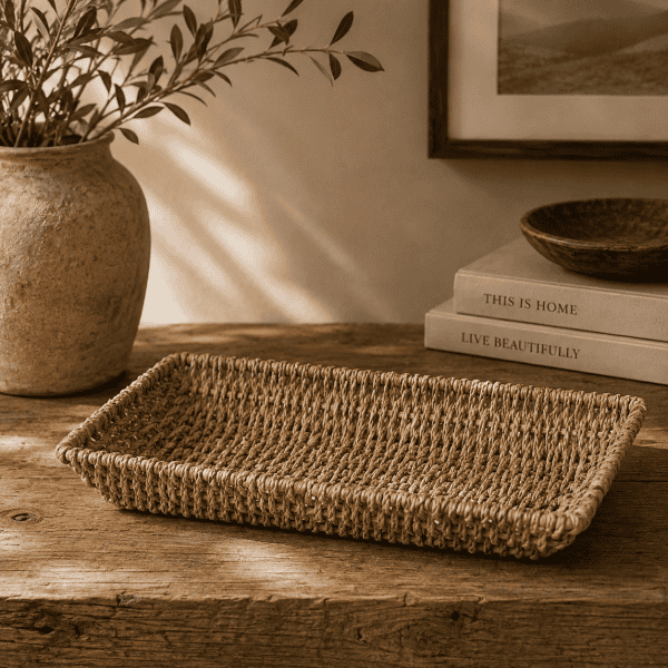 Handwoven natural wicker tray for home decor and organization.