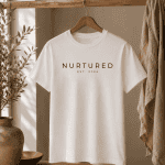 Minimalist white Nurtured graphic t-shirt hanging on a rustic wooden rod in a warm neutral interior with natural textures and soft inspired styling.