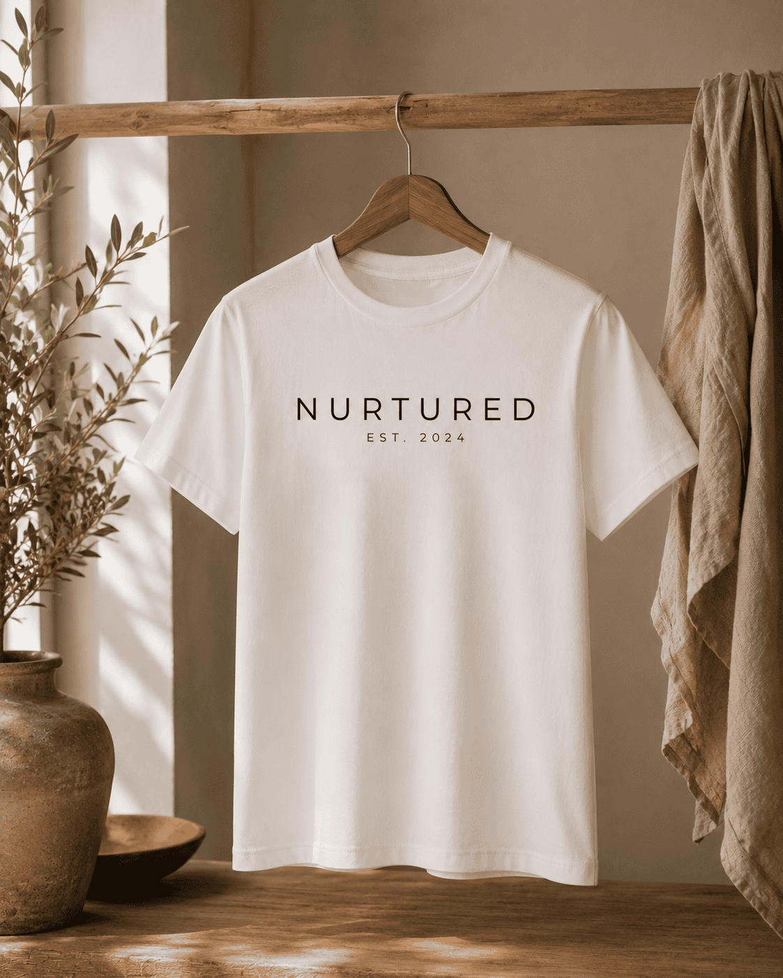 Nurtured White T-Shirt Minimalist white Nurtured graphic t-shirt hanging on a rustic wooden rod in a warm neutral interior with natural textures and soft inspired styling.