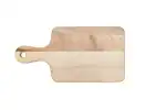 A cutting board made of light wood with a handle and hole for hanging.