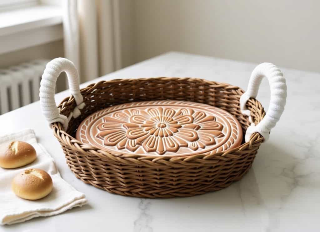 Wicker tray with decorative ceramic plate on marble surface in cozy kitchen setting.