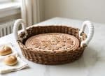 Wicker tray with decorative ceramic plate on marble surface in cozy kitchen setting.