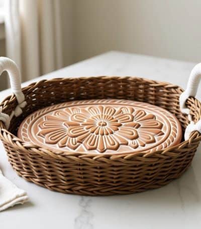 Wicker tray with decorative ceramic plate on marble surface in cozy kitchen setting.