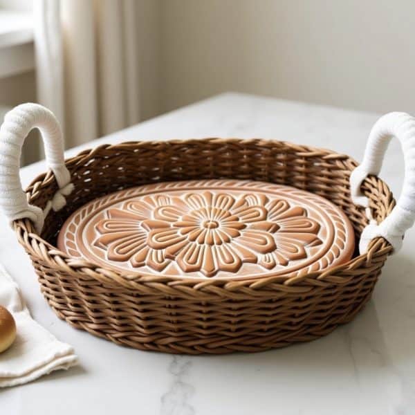 Wicker tray with decorative ceramic plate on marble surface in cozy kitchen setting.