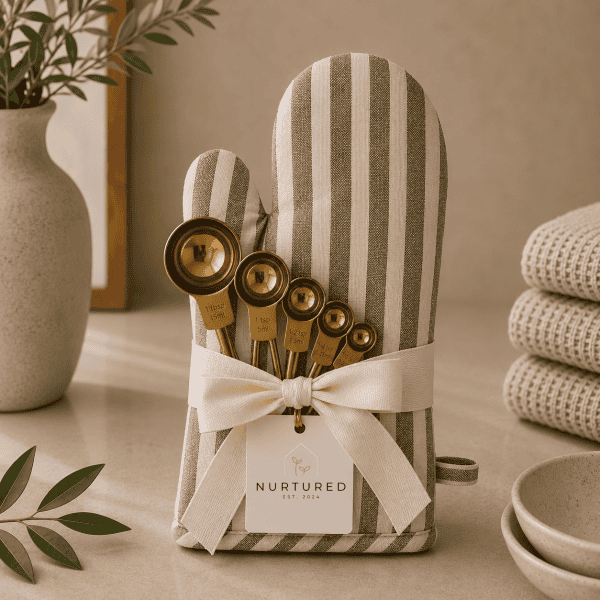 Luxury kitchen gift set featuring a striped cotton oven mitt wrapped with a cream ribbon and polished gold stainless steel measuring spoons in a warm neutral kitchen setting.